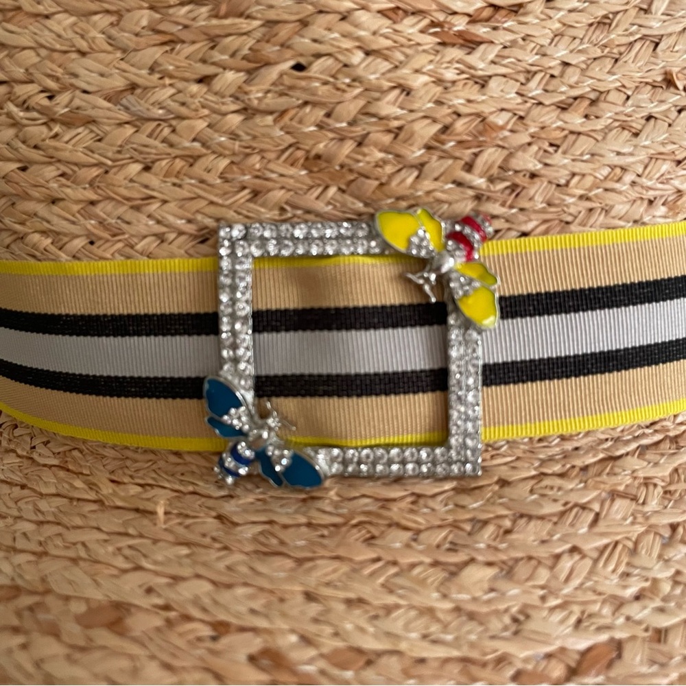 Steve Madden Straw Hat with Ribbon and Bumble Bee and Rhinestone Embellishments
